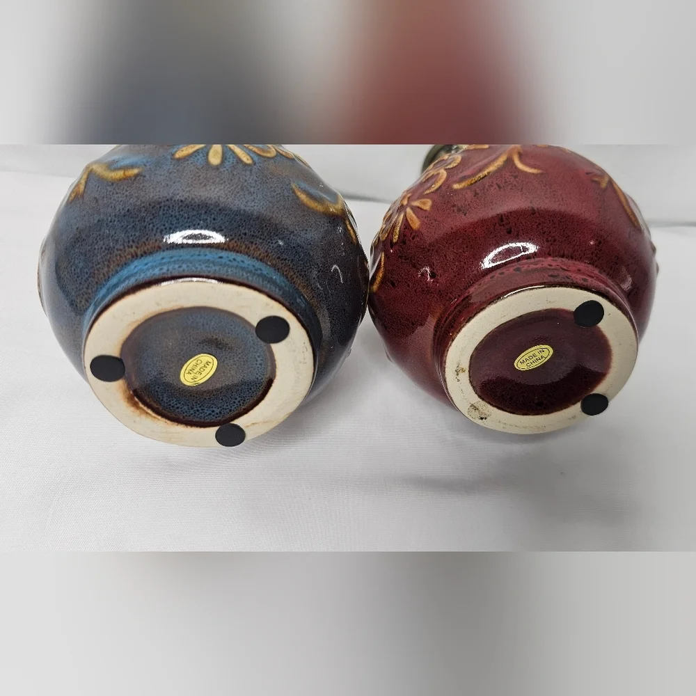 Vintage Ceramic Diffusers With Ornate Metal Scroll Lid Blue & Maroon